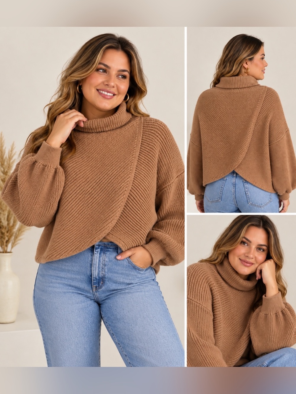 Women's Turtleneck Balloon Sleeve Sweater in Camel